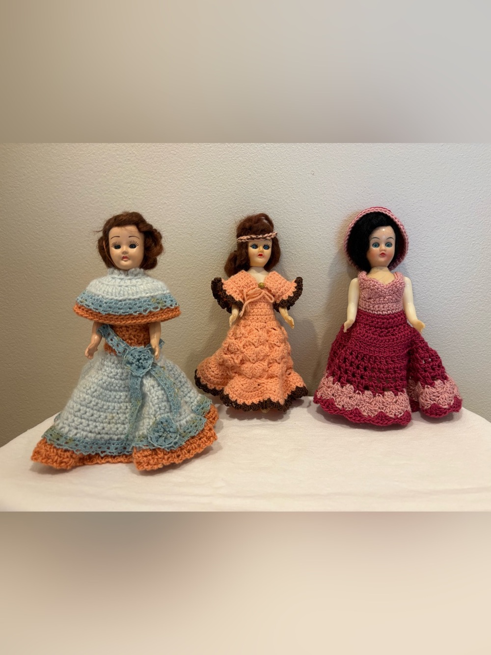 3 Vintage Dolls W/Hand Crocheted Flouncy Dresses Eyes/Arms Move 7.25 & 7.75”